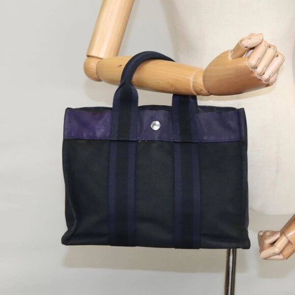 HERMES Fourre Tout PM Tote Bag Canvas Black Navy Auth - Picture 1 of 16